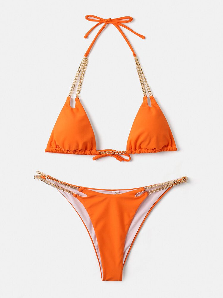 Dame Triangle Halter String Solid Color Chain Bikini Backless Badetøy