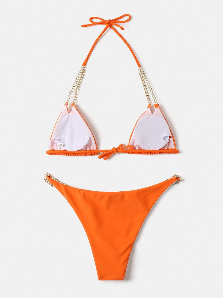 Dame Triangle Halter String Solid Color Chain Bikini Backless Badetøy