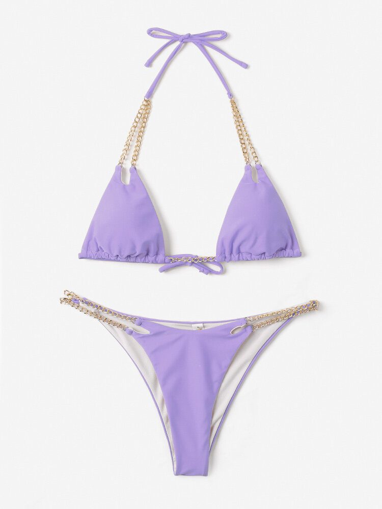 Dame Triangle Halter String Solid Color Chain Bikini Backless Badetøy