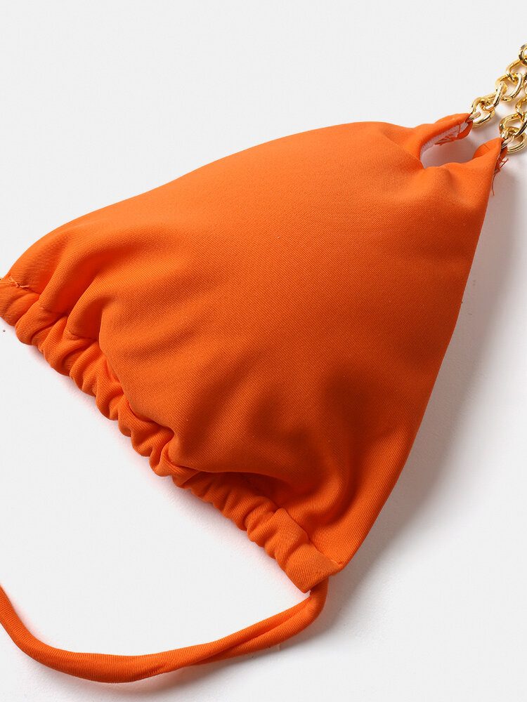 Dame Triangle Halter String Solid Color Chain Bikini Backless Badetøy