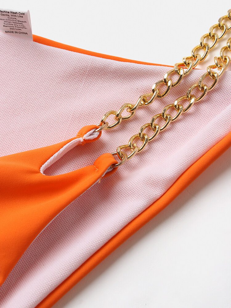Dame Triangle Halter String Solid Color Chain Bikini Backless Badetøy