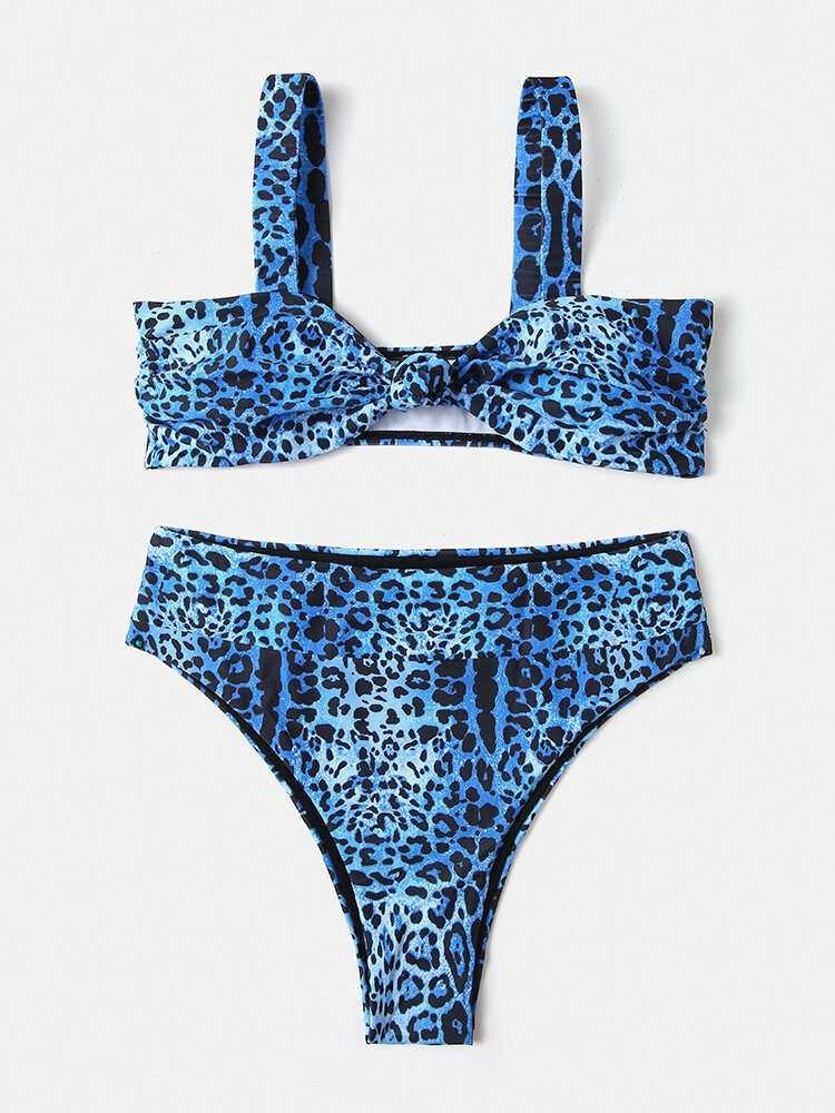 Kvinner Leopardtrykk Slips Foran Bred Skulderrem Bikinier Med Høy Midje