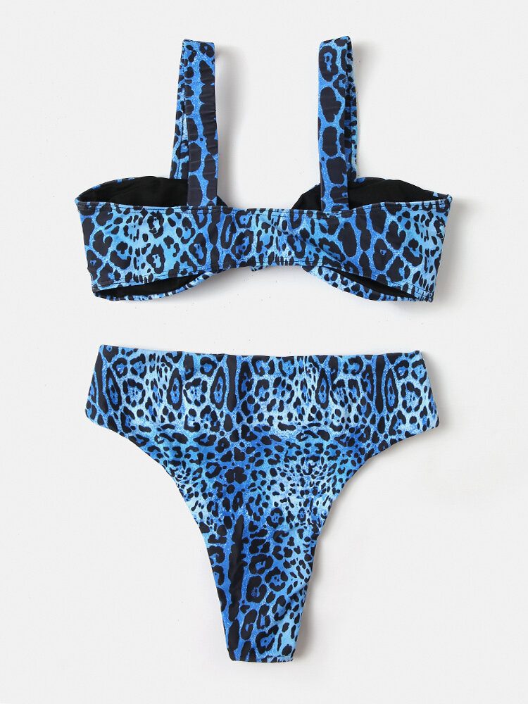 Kvinner Leopardtrykk Slips Foran Bred Skulderrem Bikinier Med Høy Midje