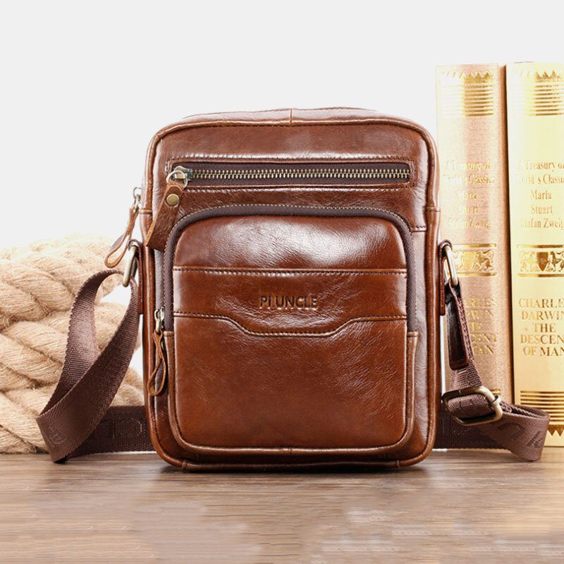 Herre Ekte Skinn Multifunksjon Retro Slitasjebestandig Veske Med Stor Kapasitet Skulderveske Cross Body Veske