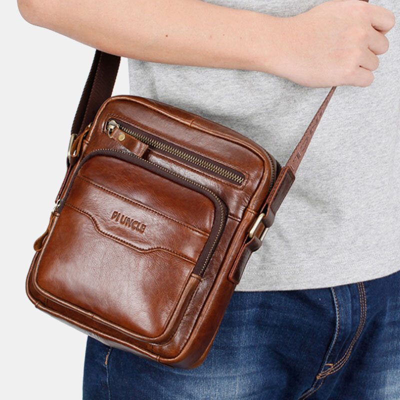 Herre Ekte Skinn Multifunksjon Retro Slitasjebestandig Veske Med Stor Kapasitet Skulderveske Cross Body Veske