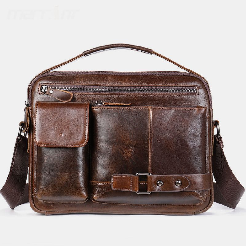 Herre Oljevoks Lær Med Stor Kapasitet Vanntett Messenger Vesker Koffert Koffert Multi-lomme Kuskinn Crossbody Vesker Skulderveske
