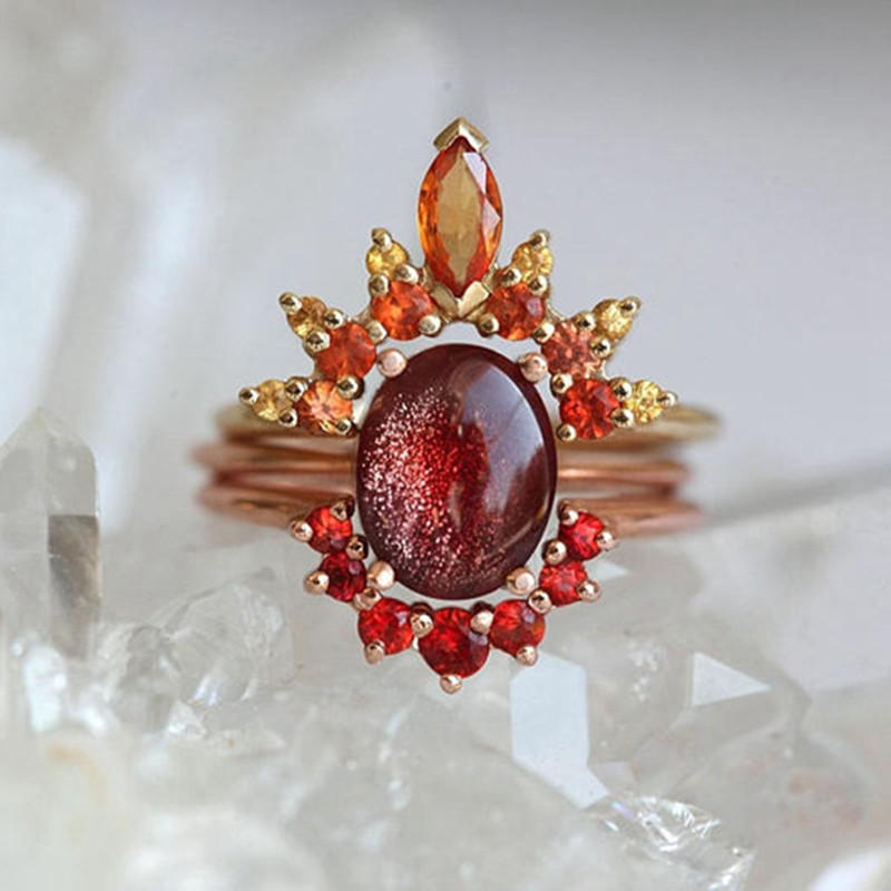 3 Stk/sett Stilige Damer Stablebare Ringer Ruby Krystall Blomster Sjarm Bohemian Ringsett For Kvinner