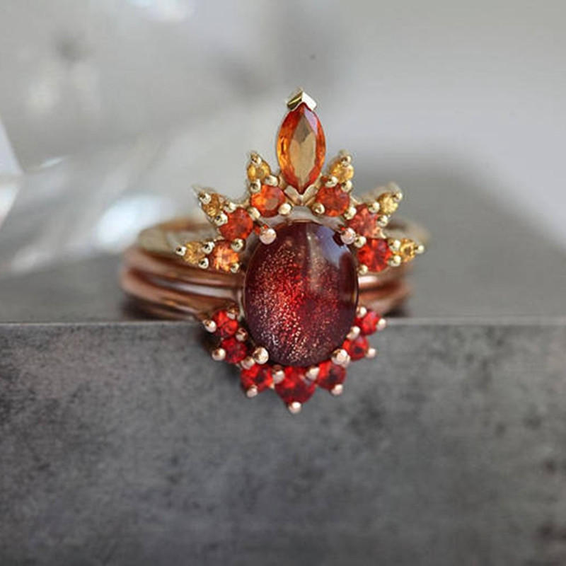 3 Stk/sett Stilige Damer Stablebare Ringer Ruby Krystall Blomster Sjarm Bohemian Ringsett For Kvinner