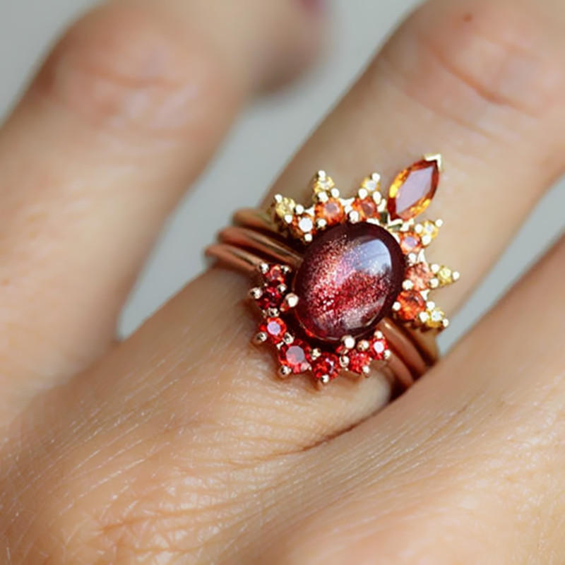 3 Stk/sett Stilige Damer Stablebare Ringer Ruby Krystall Blomster Sjarm Bohemian Ringsett For Kvinner