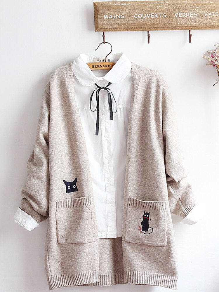 Broderi Cat Strikket Langgenser Cardigans