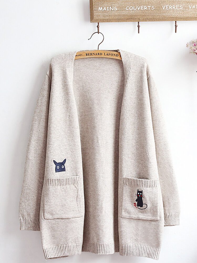 Broderi Cat Strikket Langgenser Cardigans