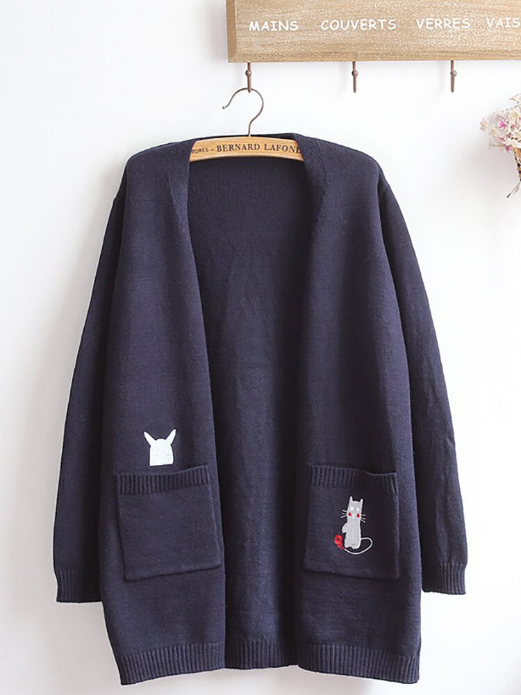 Broderi Cat Strikket Langgenser Cardigans