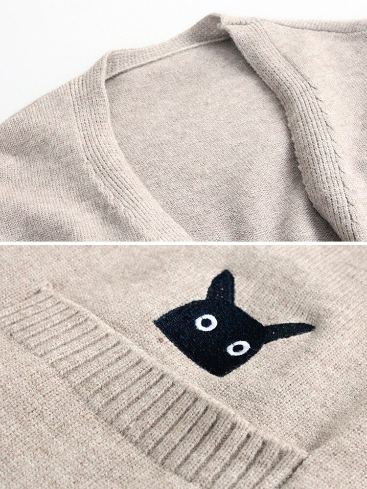 Broderi Cat Strikket Langgenser Cardigans