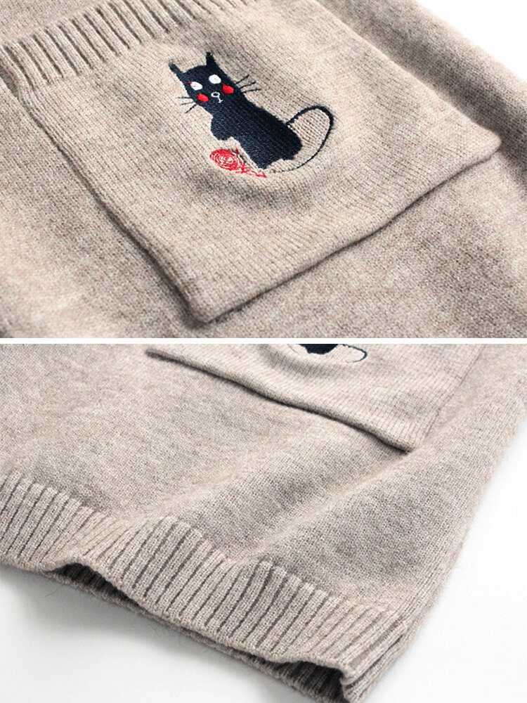 Broderi Cat Strikket Langgenser Cardigans