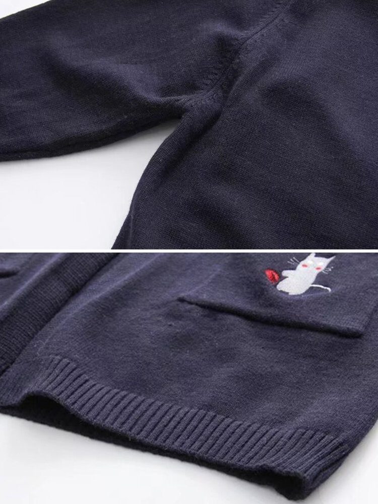 Broderi Cat Strikket Langgenser Cardigans
