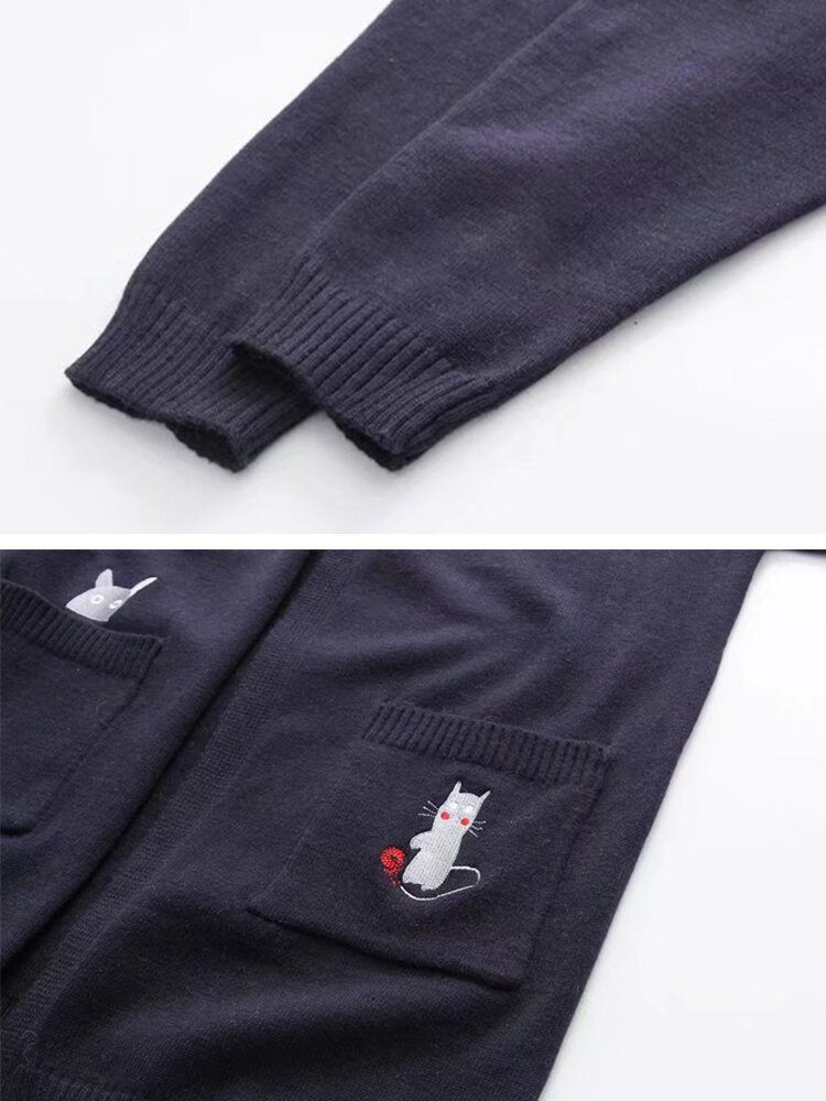 Broderi Cat Strikket Langgenser Cardigans
