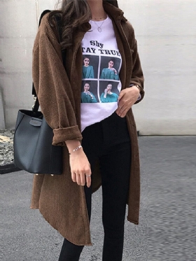 Corduroy For Kvinner Retro Casual Pure Color Oversize Knelengde Cardigan