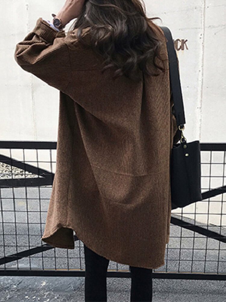 Corduroy For Kvinner Retro Casual Pure Color Oversize Knelengde Cardigan