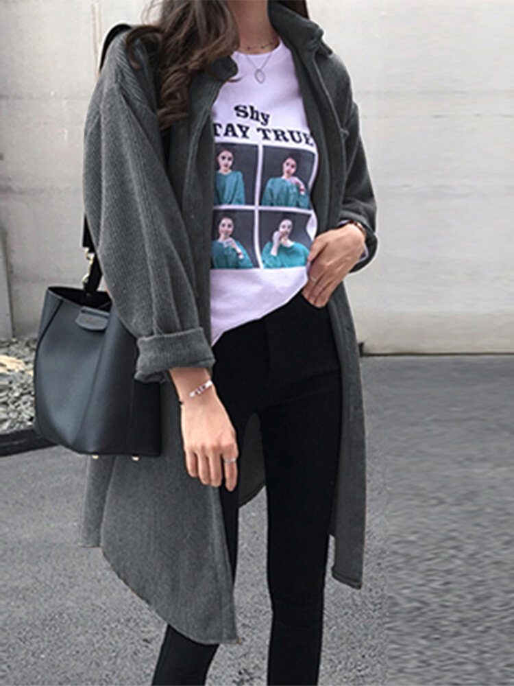 Corduroy For Kvinner Retro Casual Pure Color Oversize Knelengde Cardigan