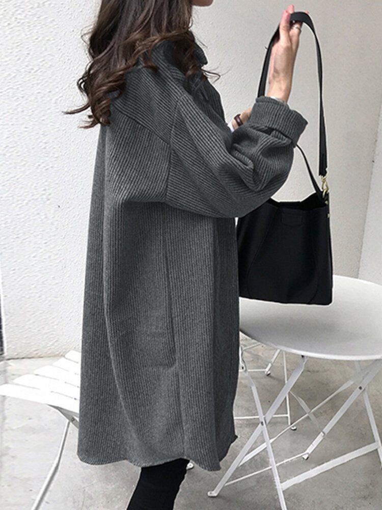 Corduroy For Kvinner Retro Casual Pure Color Oversize Knelengde Cardigan