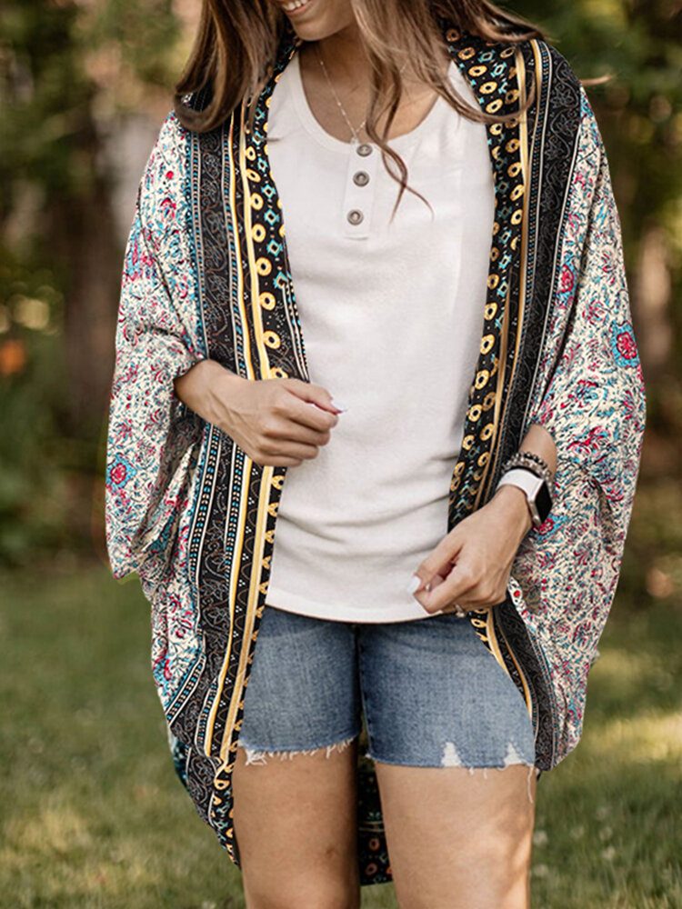 Floral Tribal Mønster Print Åpen Foran Løs Cardigan