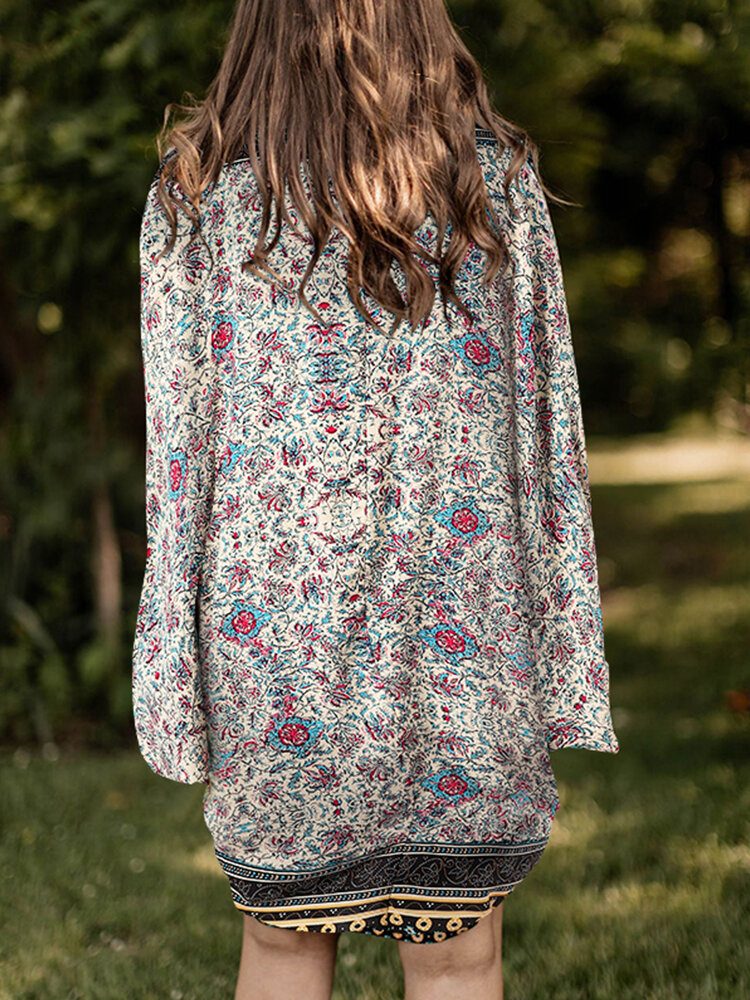 Floral Tribal Mønster Print Åpen Foran Løs Cardigan