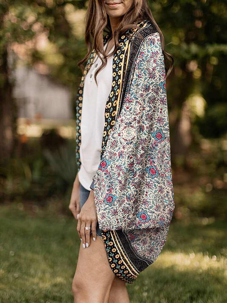 Floral Tribal Mønster Print Åpen Foran Løs Cardigan
