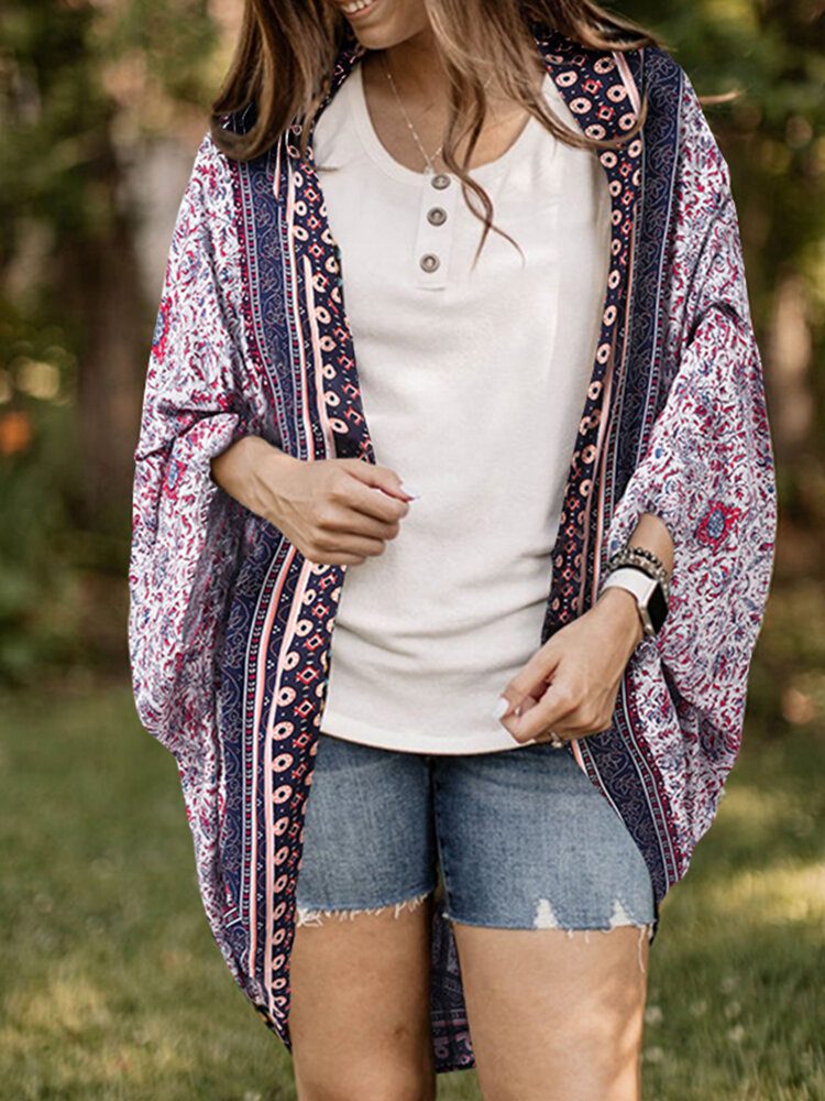 Floral Tribal Mønster Print Åpen Foran Løs Cardigan