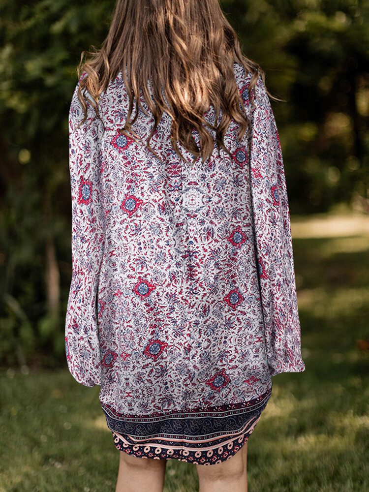Floral Tribal Mønster Print Åpen Foran Løs Cardigan