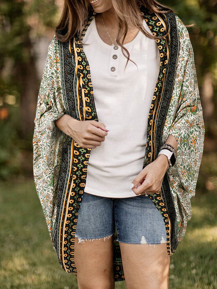 Floral Tribal Mønster Print Åpen Foran Løs Cardigan