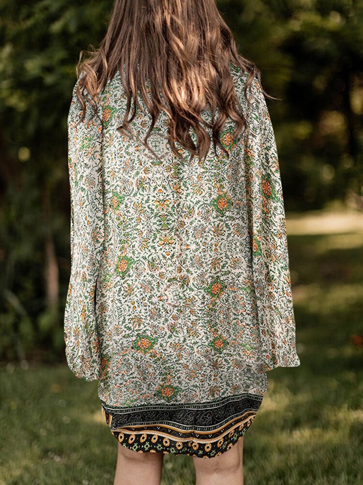 Floral Tribal Mønster Print Åpen Foran Løs Cardigan