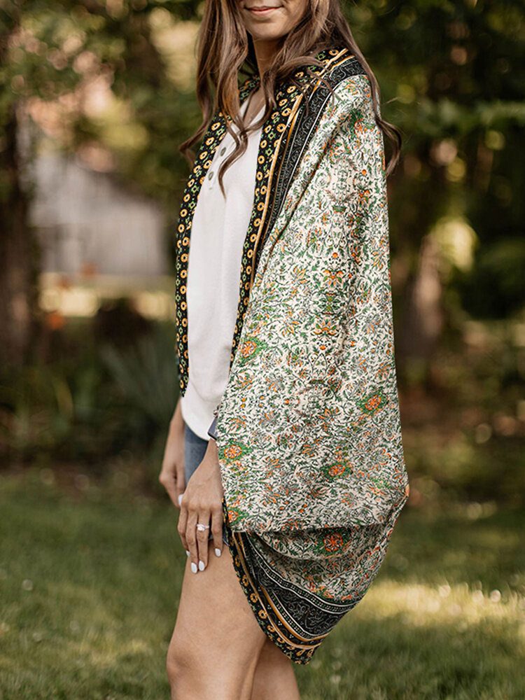 Floral Tribal Mønster Print Åpen Foran Løs Cardigan