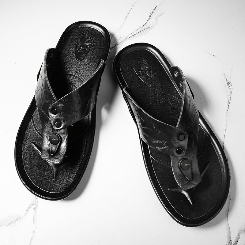 Herre Skinn Pustende Myk Såle Sklisikker Behagelig Utendørs Flipflops Uformelle Tøfler