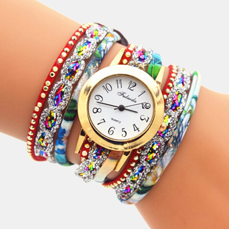 Deffrun Vintage Fargerikt Utskrift Dame Armbånd Klokke Flerlags Metall Rhinestone Pu Quartz Watch