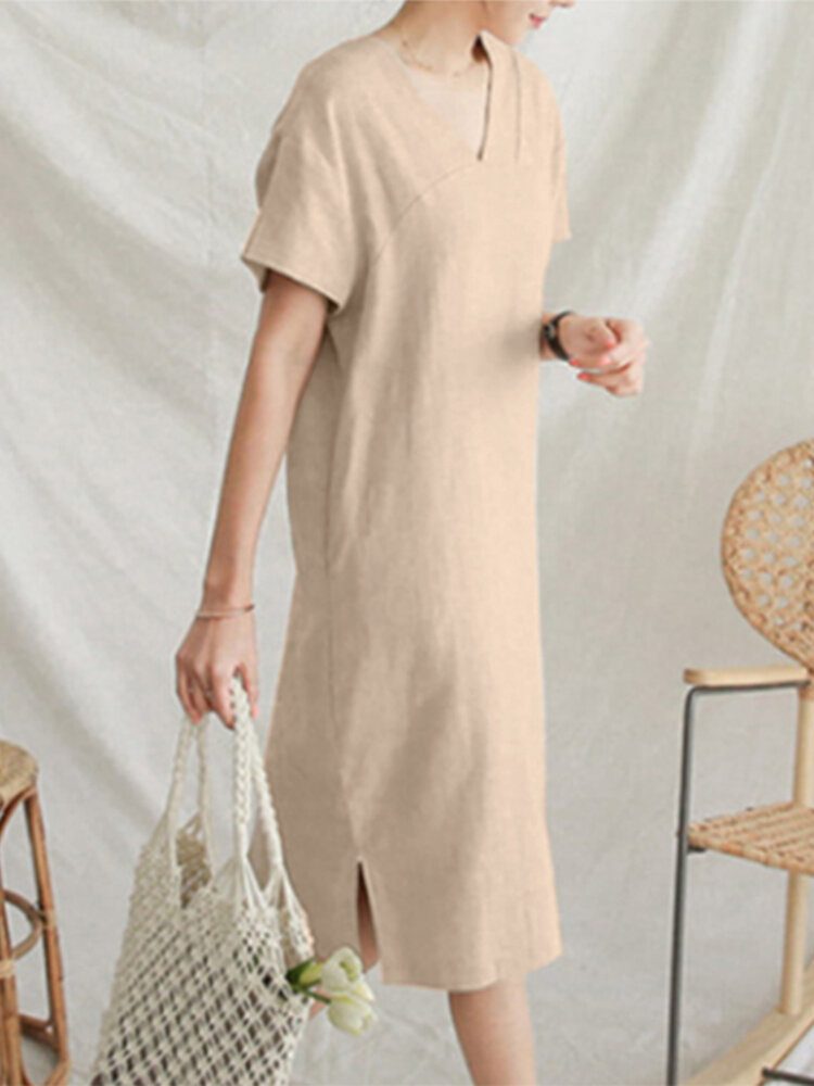 Bomull Solid Kortermet V-hals Casual Midi-kjole