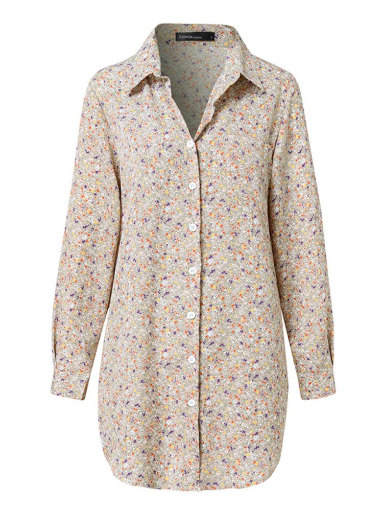 Dame Ditsy Floral Print Lapel Long Sleeve Casual Longline Skjorter