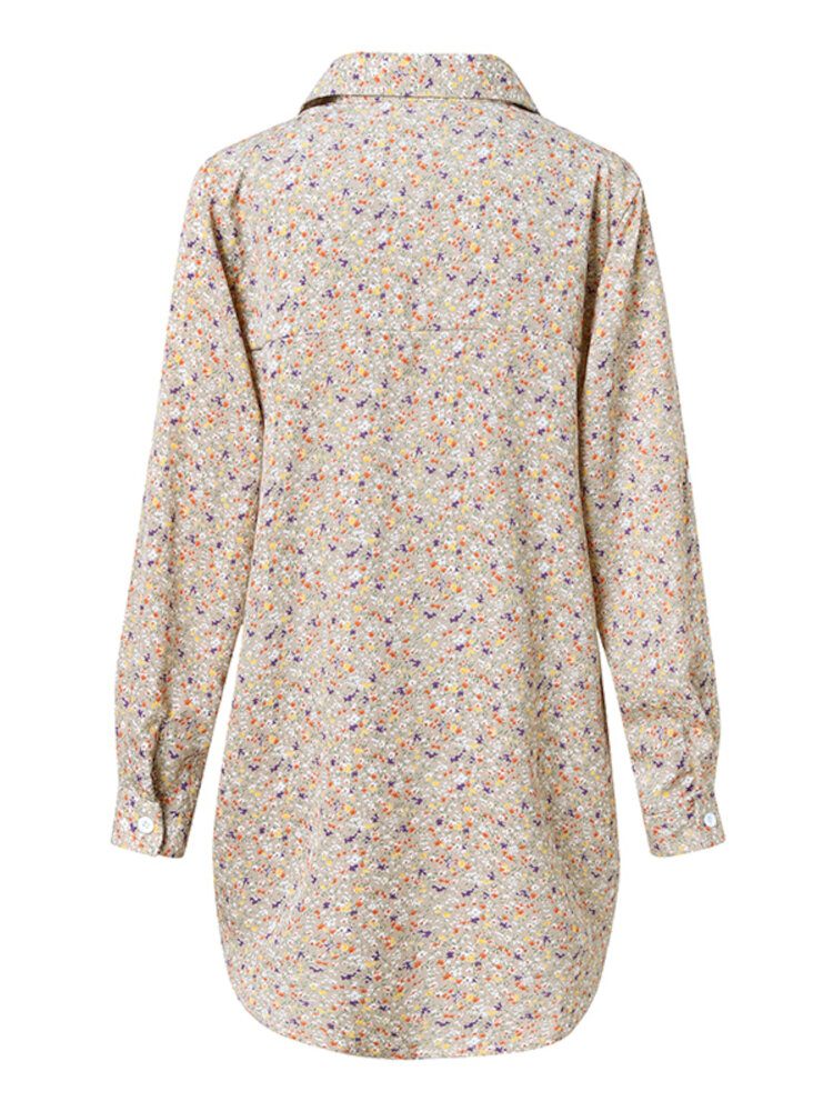 Dame Ditsy Floral Print Lapel Long Sleeve Casual Longline Skjorter