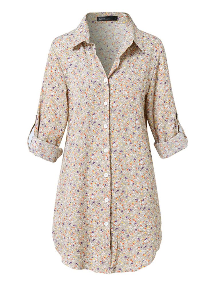 Dame Ditsy Floral Print Lapel Long Sleeve Casual Longline Skjorter
