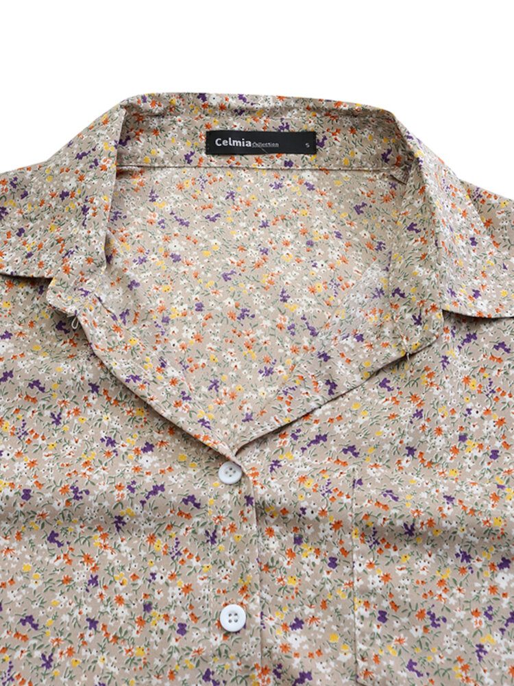 Dame Ditsy Floral Print Lapel Long Sleeve Casual Longline Skjorter