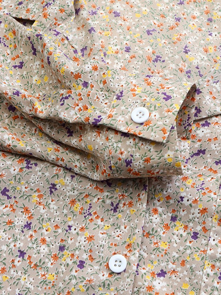 Dame Ditsy Floral Print Lapel Long Sleeve Casual Longline Skjorter