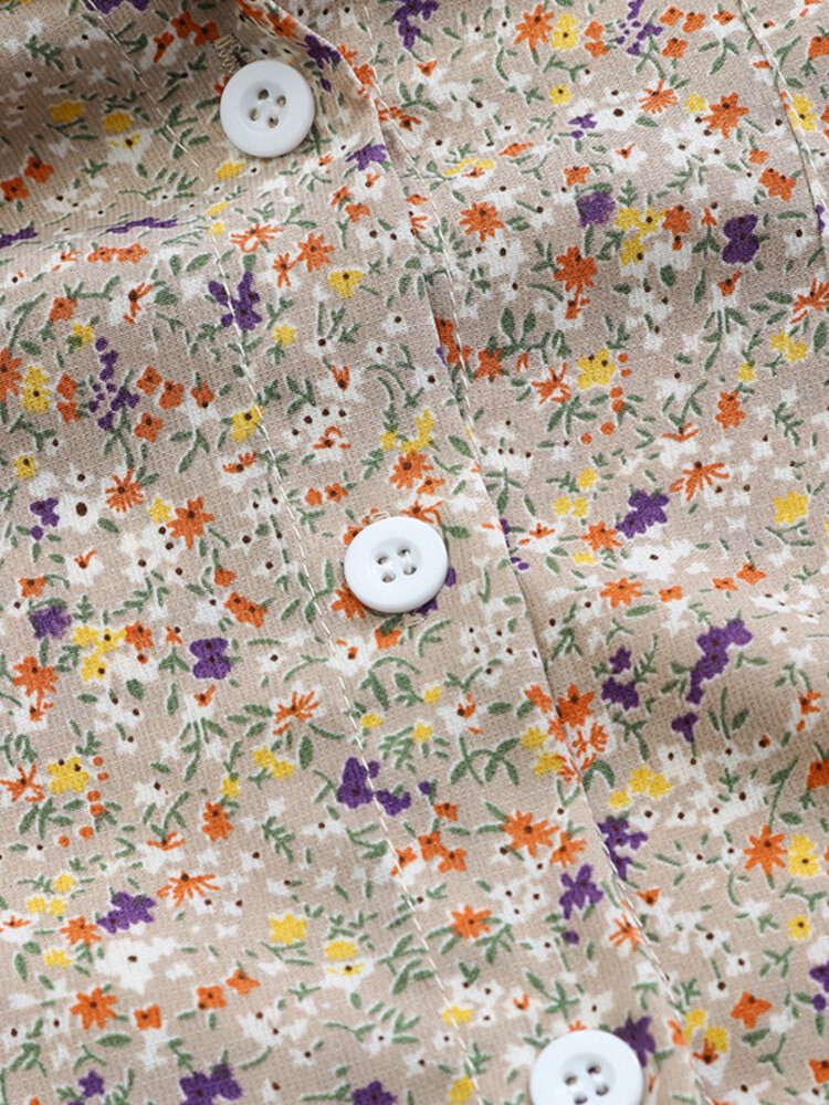 Dame Ditsy Floral Print Lapel Long Sleeve Casual Longline Skjorter