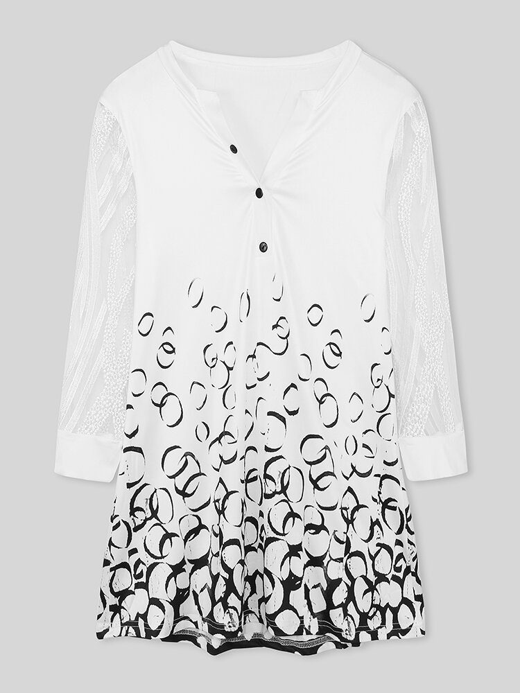 Dame Halvknappetrykk Gjennomsiktige 3/4-ermer Elegante Longline Bluser