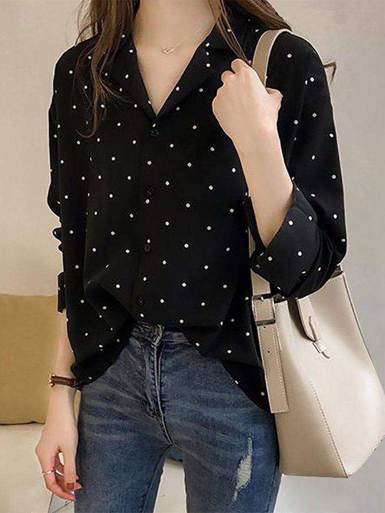 Dot Print Button Langermet Lapel Bluse For Dame