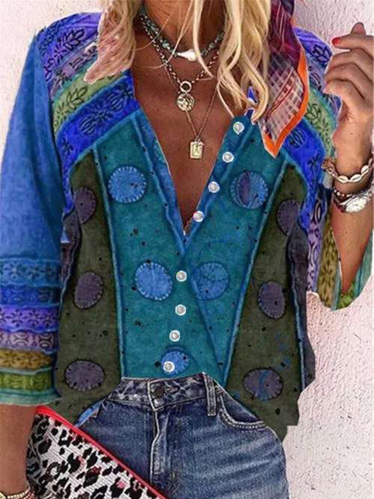 Kvinner Vintage Colorblock Print Stand Collar Langermet Skjorte Med Knapper