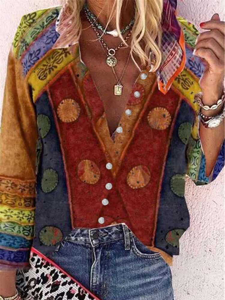 Kvinner Vintage Colorblock Print Stand Collar Langermet Skjorte Med Knapper