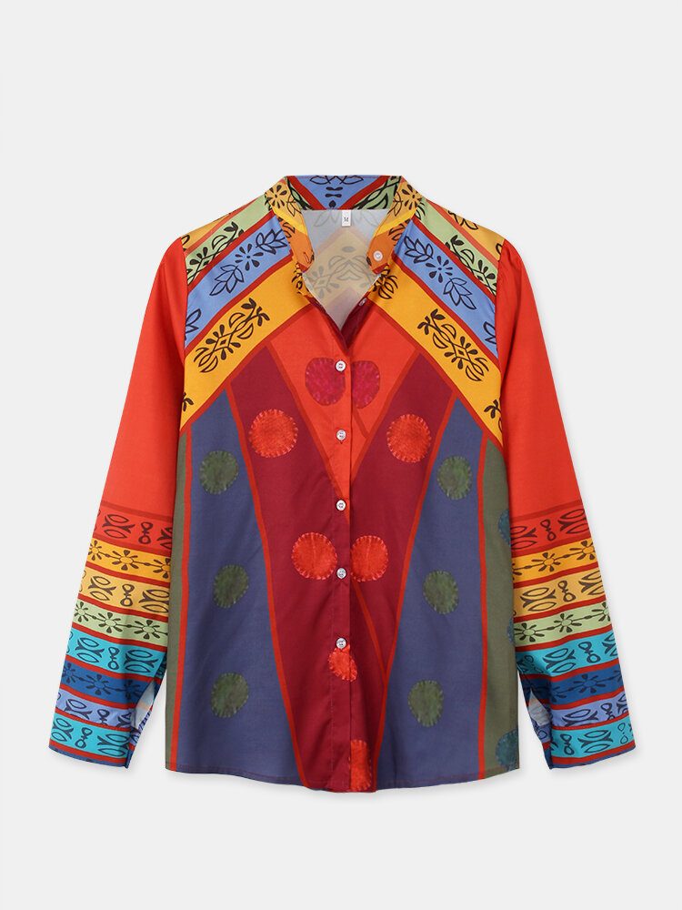 Kvinner Vintage Colorblock Print Stand Collar Langermet Skjorte Med Knapper