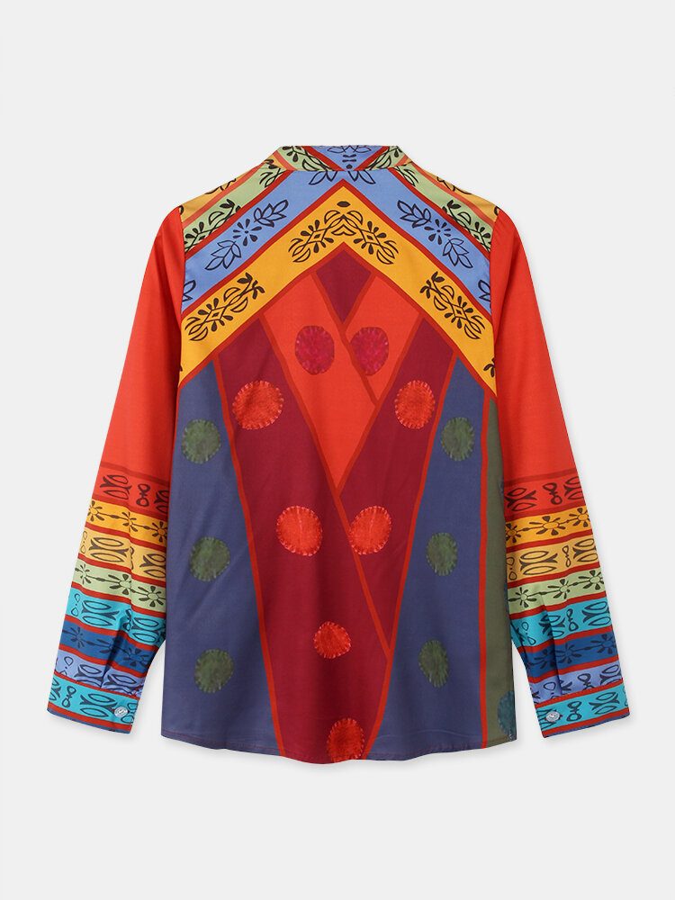 Kvinner Vintage Colorblock Print Stand Collar Langermet Skjorte Med Knapper