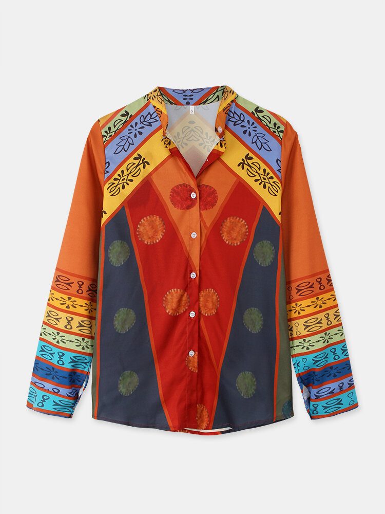 Kvinner Vintage Colorblock Print Stand Collar Langermet Skjorte Med Knapper