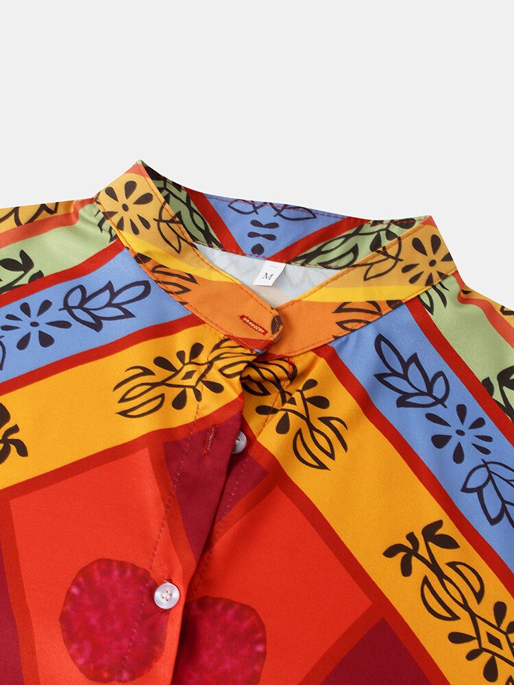 Kvinner Vintage Colorblock Print Stand Collar Langermet Skjorte Med Knapper