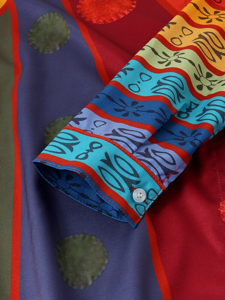 Kvinner Vintage Colorblock Print Stand Collar Langermet Skjorte Med Knapper